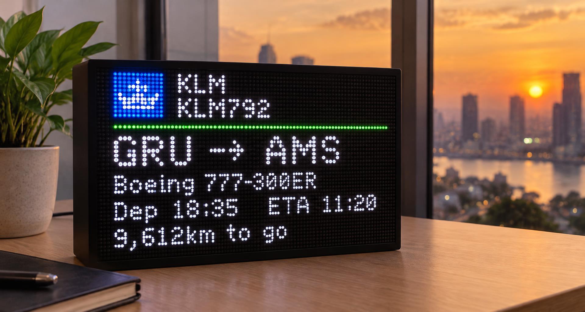Plane Spotter LED panel on a desk showing a live KLM flight from GRU to AMS
