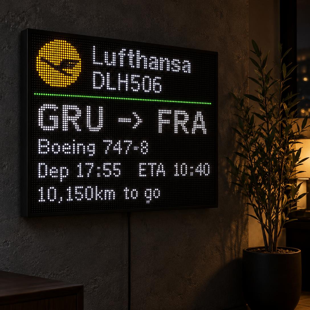 Plane Spotter panel wall-mounted at night showing a Lufthansa flight from GRU to FRA